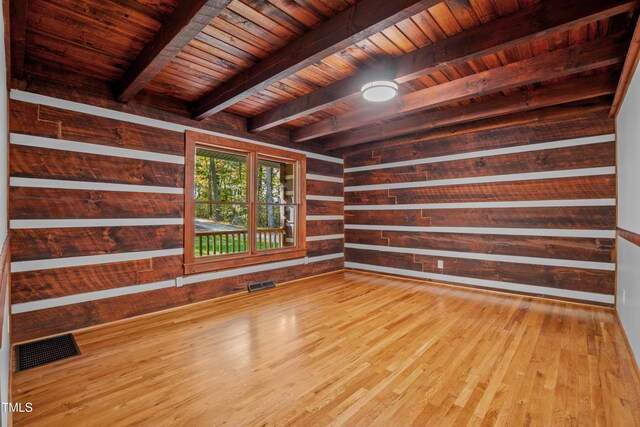 empty room featuring beam ceiling, wood walls, light wood-type flooring, and wooden ceiling