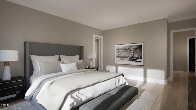 bedroom with crown molding and light wood-type flooring