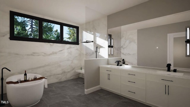 bathroom with independent shower and bath, vanity, and tile walls