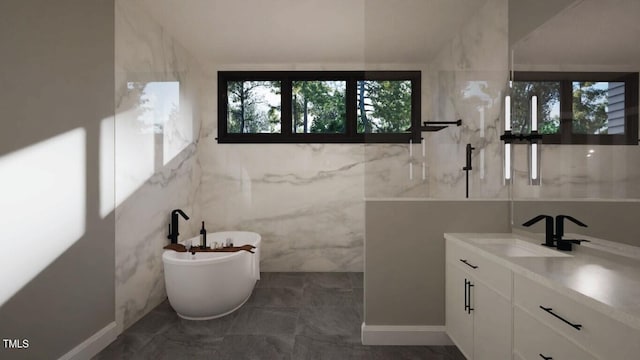 bathroom with vanity, a tub to relax in, and tile walls