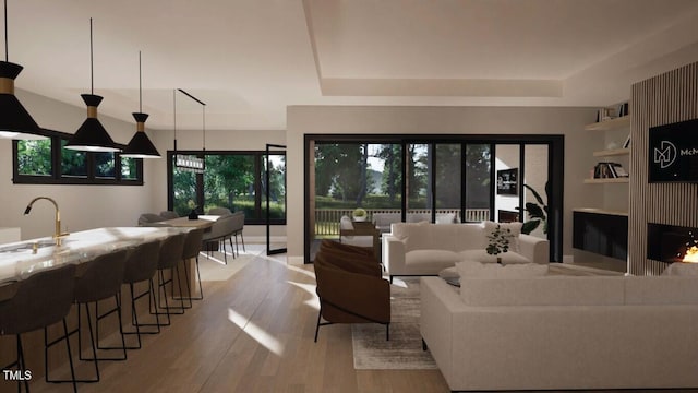 living room featuring sink, a raised ceiling, and light wood-type flooring