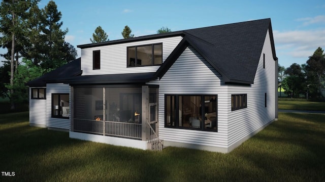 back of house featuring a yard and a sunroom