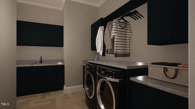 laundry room featuring sink, crown molding, washing machine and dryer, cabinets, and light parquet flooring