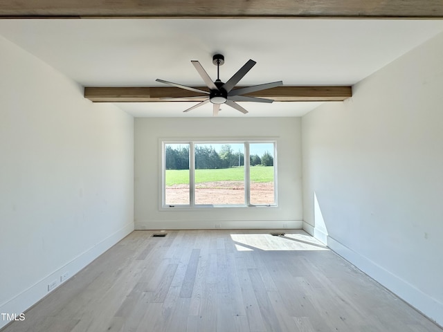 280 Forest Bridge Rd, Youngsville, NC 27596 - unfurnished room with beamed ceiling, a ceiling fan, and light wood-style flooring