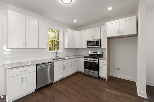 kitchen with white cabinets, dark hardwood / wood-style flooring, stainless steel appliances, and sink