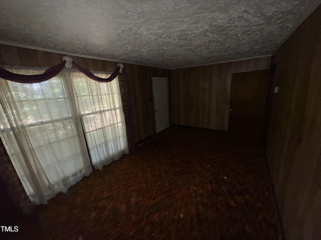 interior space with a textured ceiling, wood walls, and dark wood-type flooring