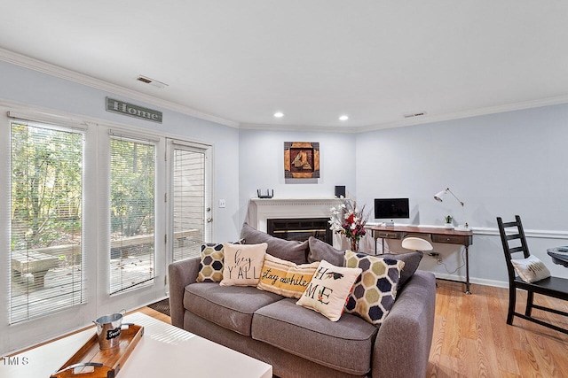 living room with light wood-type flooring and crown molding