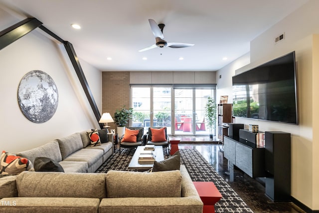 living room featuring ceiling fan