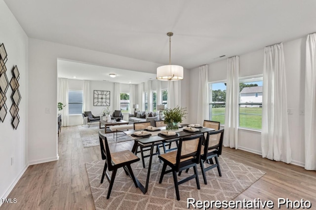 dining area with a wealth of natural light and light hardwood / wood-style floors