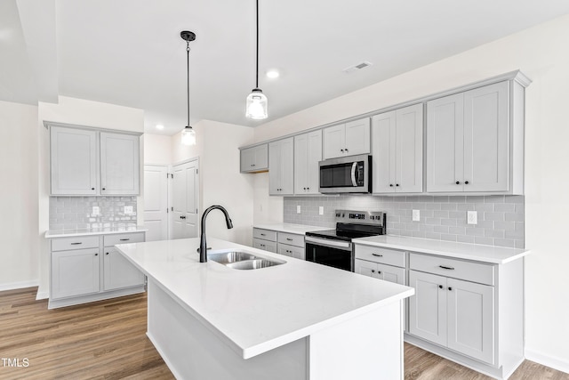 kitchen with backsplash, light hardwood / wood-style flooring, stainless steel appliances, and an island with sink