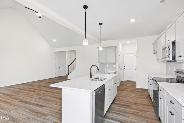 kitchen with sink, backsplash, a kitchen island with sink, white cabinets, and appliances with stainless steel finishes