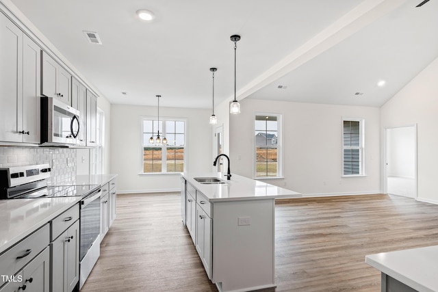 kitchen featuring sink, an island with sink, stainless steel appliances, and light wood-type flooring