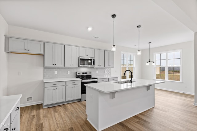 kitchen with light hardwood / wood-style floors, stainless steel appliances, sink, a center island with sink, and gray cabinets