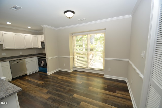 kitchen with crown molding, stainless steel dishwasher, white cabinetry, and dark hardwood / wood-style floors