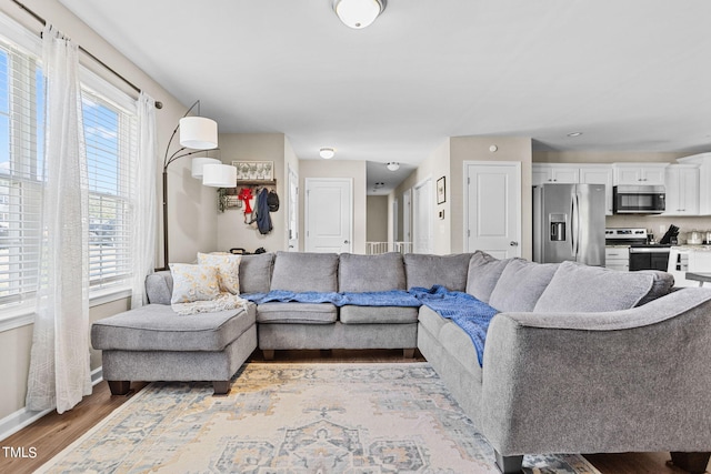 living room with light hardwood / wood-style floors and a wealth of natural light