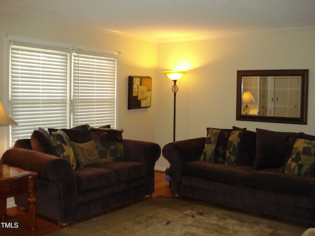 living room featuring crown molding