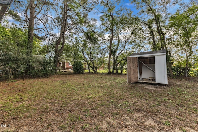 view of yard featuring a storage shed and an outdoor structure
