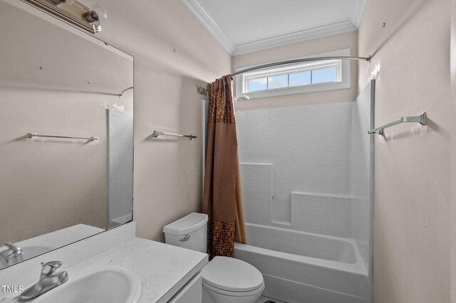 full bathroom with crown molding, vanity, toilet, and shower / bath combination with curtain