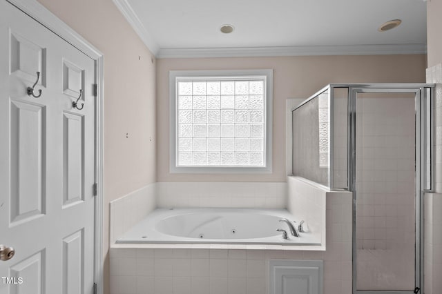 bathroom featuring shower with separate bathtub and crown molding