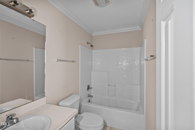 full bathroom featuring bathing tub / shower combination, ornamental molding, toilet, and vanity