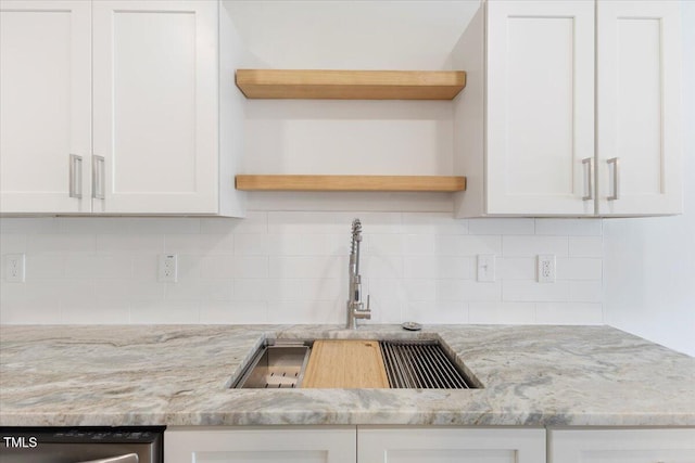 details with light stone countertops, white cabinetry, and sink