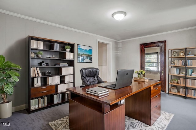 carpeted office with crown molding