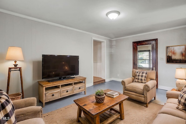 living room featuring crown molding