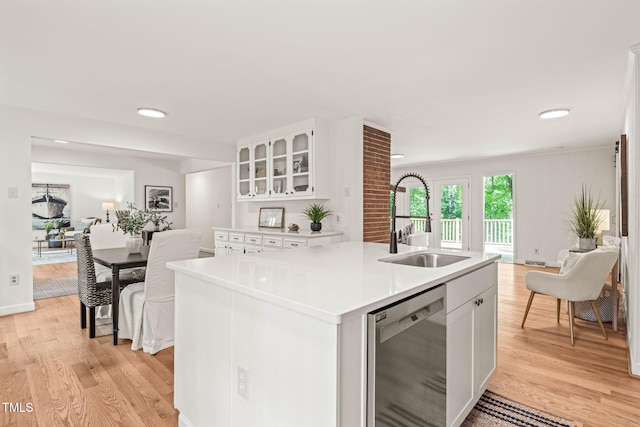3006 Pump Station Ln, Durham, NC 27712 - kitchen with dishwasher, light wood-type flooring, white cabinets, light countertops, and recessed lighting