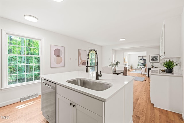 3006 Pump Station Ln, Durham, NC 27712 - kitchen featuring stainless steel dishwasher, white cabinetry, light countertops, and light wood finished floors
