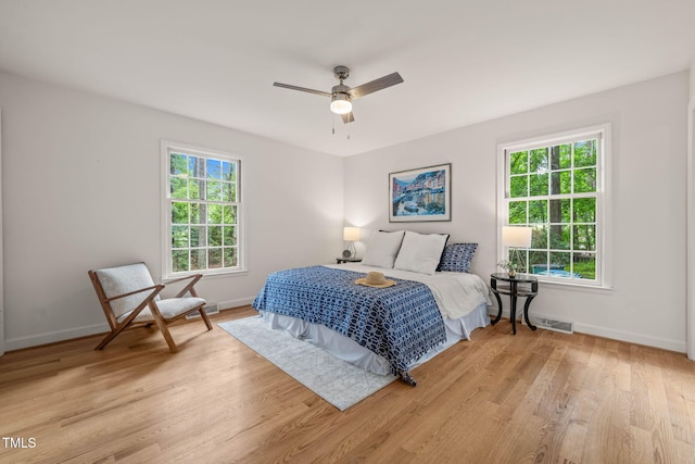 3006 Pump Station Ln, Durham, NC 27712 - bedroom featuring multiple windows, light wood-style flooring, and ceiling fan