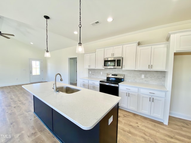 kitchen featuring tasteful backsplash, a sink, white cabinetry, and stainless steel appliances