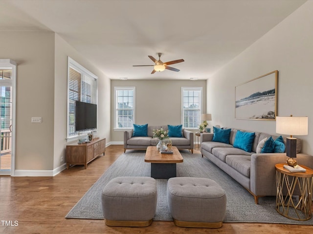 living room with ceiling fan and hardwood / wood-style floors