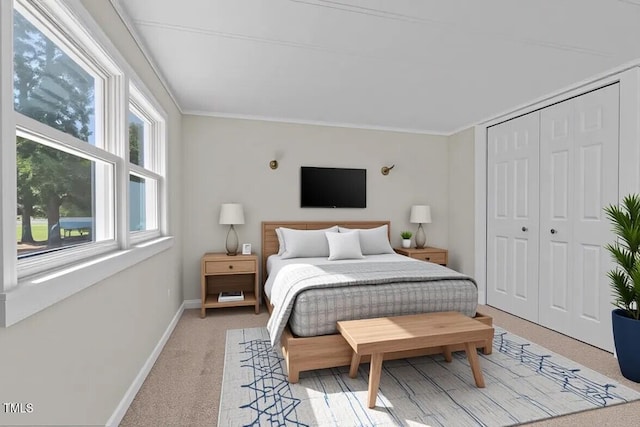 4193 Ji Oakes Rd, Bullock, NC 27507 - bedroom featuring light carpet, baseboards, a closet, and ornamental molding