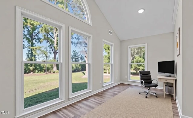 4193 Ji Oakes Rd, Bullock, NC 27507 - home office featuring healthy amount of natural light, wood finished floors, high vaulted ceiling, baseboards, and recessed lighting