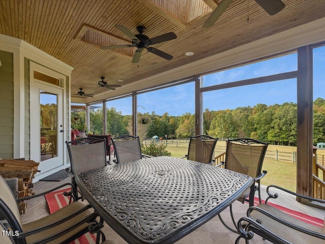 sunroom / solarium featuring wood ceiling and ceiling fan