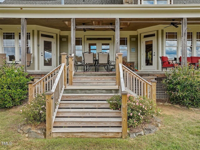 doorway to property with french doors and ceiling fan