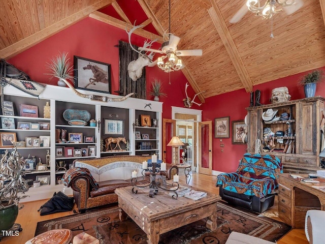 living room with wood-type flooring, ceiling fan, beamed ceiling, wooden ceiling, and high vaulted ceiling