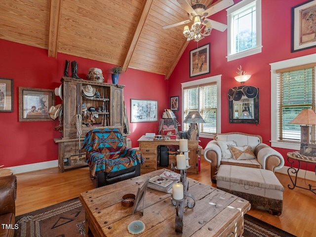 living room featuring beam ceiling, high vaulted ceiling, wood-type flooring, and ceiling fan