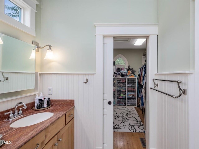 bathroom with vanity, hardwood / wood-style flooring, and plenty of natural light