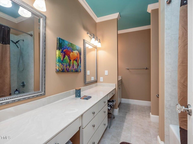 bathroom with vanity, tile patterned floors, ornamental molding, and shower / bath combo with shower curtain