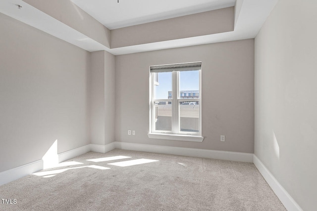 spare room with light colored carpet and a tray ceiling