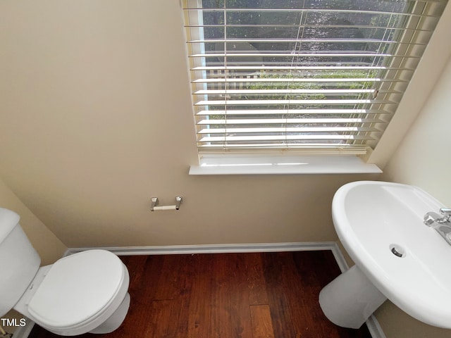 bathroom with sink, toilet, and wood-type flooring