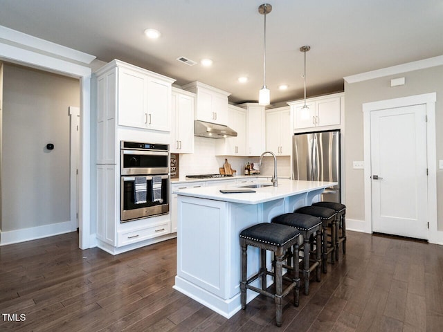 kitchen featuring white cabinets, sink, a kitchen island with sink, decorative light fixtures, and stainless steel appliances