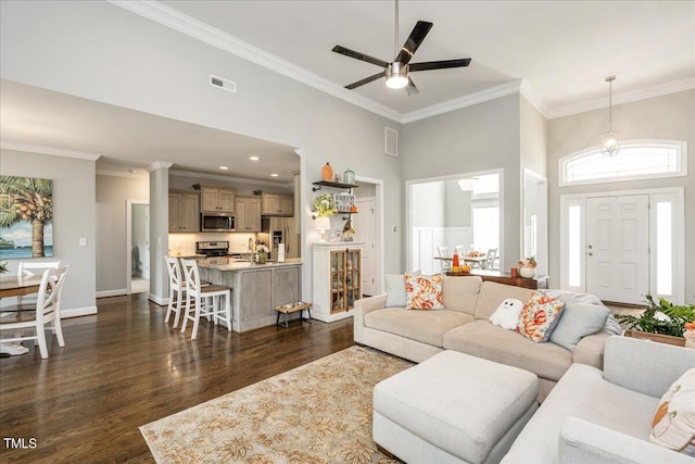 living room with ceiling fan, sink, dark hardwood / wood-style flooring, a high ceiling, and crown molding