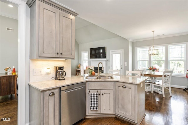 kitchen with dark wood-type flooring, sink, stainless steel dishwasher, and light stone counters