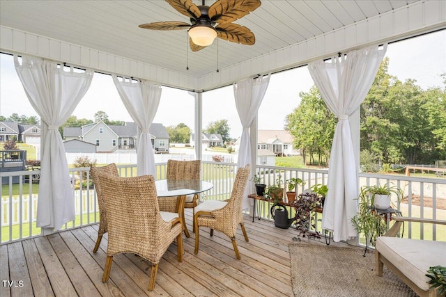 sunroom / solarium featuring ceiling fan and wood ceiling