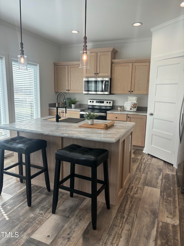 kitchen with pendant lighting, a kitchen island with sink, dark wood-type flooring, sink, and stainless steel appliances