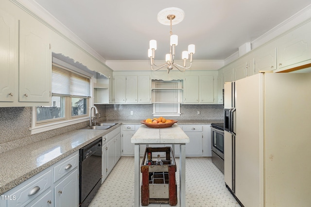 kitchen featuring white refrigerator with ice dispenser, sink, dishwasher, stainless steel electric range oven, and hanging light fixtures