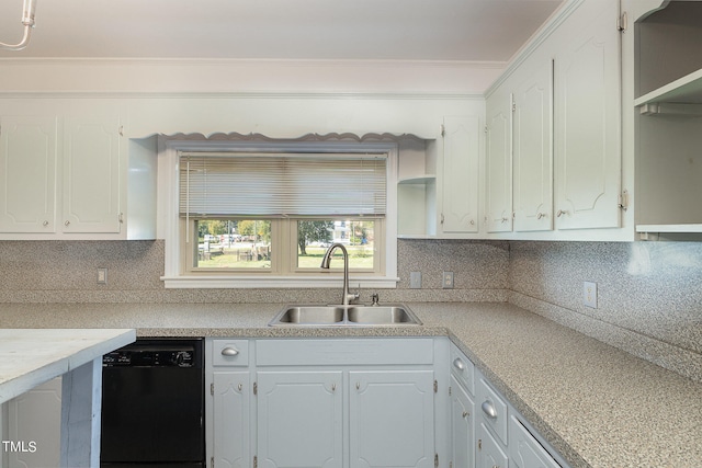 kitchen featuring white cabinets, black dishwasher, and sink