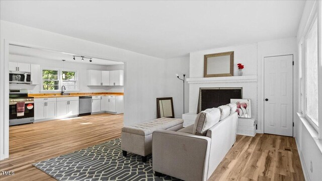 living room featuring a brick fireplace, sink, and light hardwood / wood-style floors